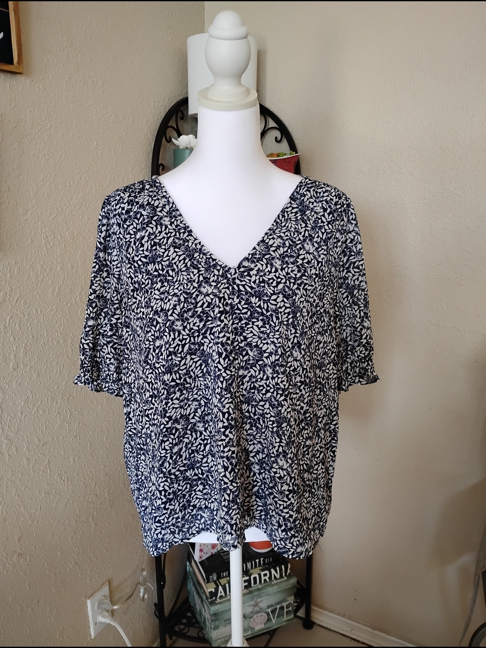 J. Crew Navy and White V-Neck Leaf Print Blouse